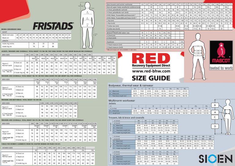 Clothing Size Guide - RED - RECOVERY EQUIPMENT DIRECT