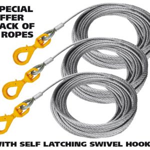 3 Pack 10mm x 30m Wire Ropes with Self Latching Swivel Hooks