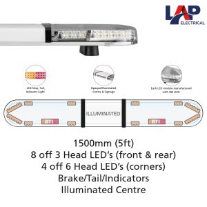 LAP Hurricane Titan LED Lightbar 1500mm 6 & 3 Head Modules, Illuminated Centre & BTI