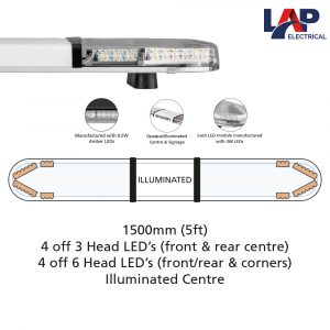 LAP Hurricane Titan LED Lightbar 1500mm 4 X 6 Head Corner Modules, 4 x 3 Head front Rear Modules Illuminated Centre