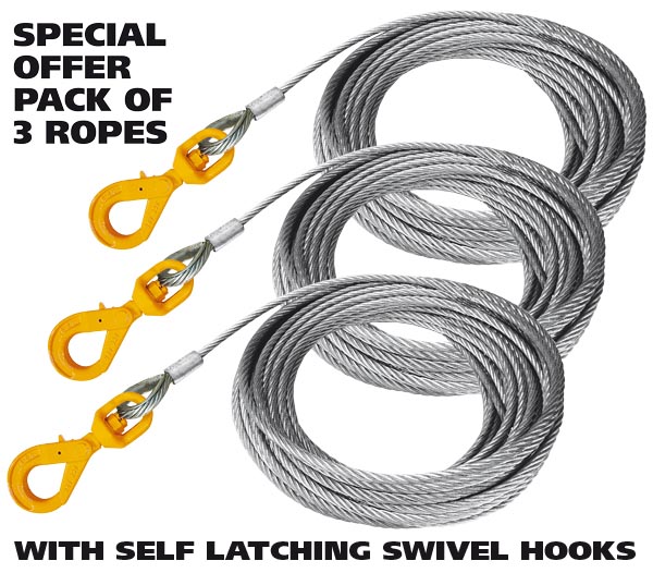 3 Pack 10mm x 25m Wire Ropes with Self Latching Swivel Hooks